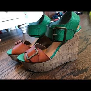 Green and brown faux leather wedges